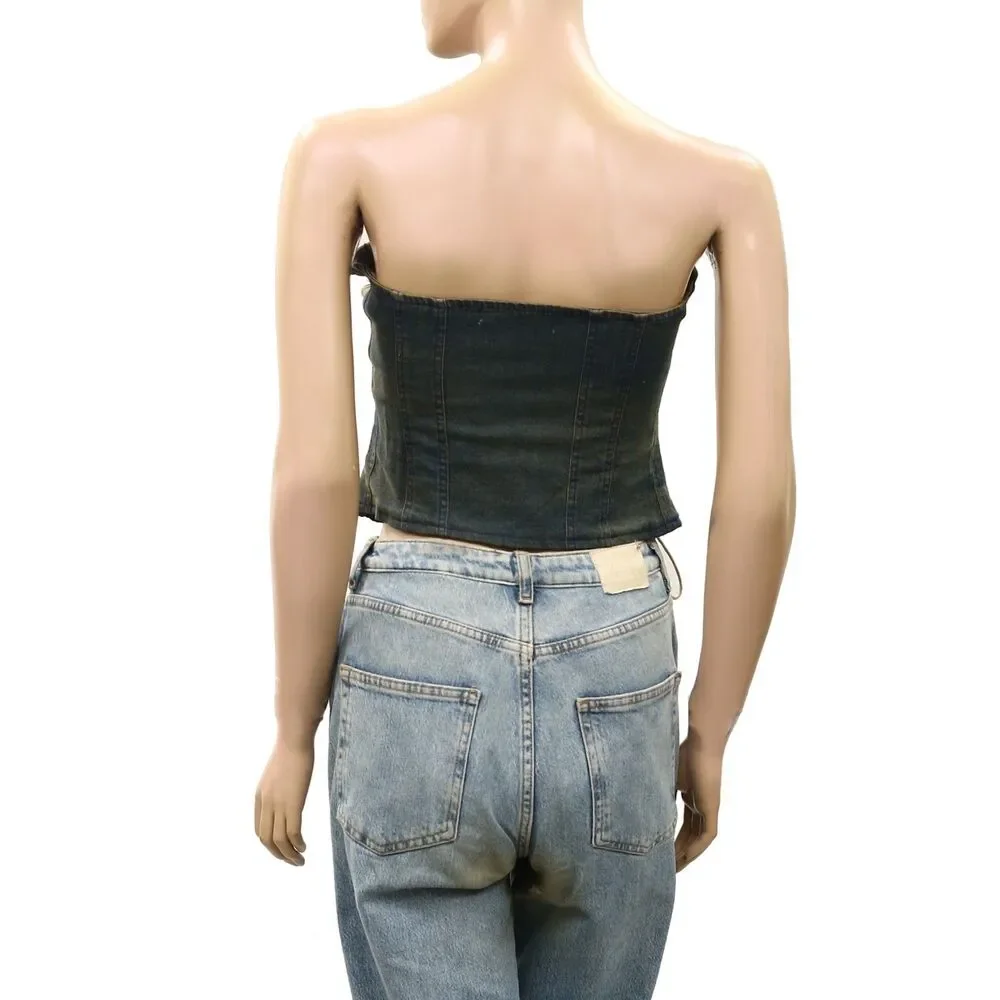 Urban Outfitters UO Leila Denim Lace-Up Tube Blouse Top Cropped Blue XS 289828